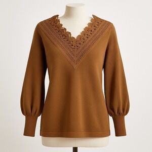 Vintage Crochet Lace Balloon Sleeve Sweater Sz M Brown Cottagecore Boho Granola